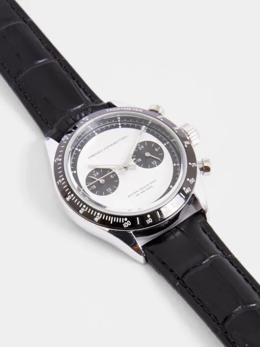 Black Leather Strap Watch with White Dial