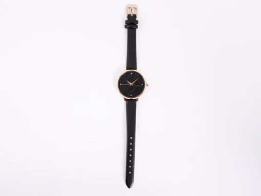 Black Leather Strap Watch with Black Glitter Dial