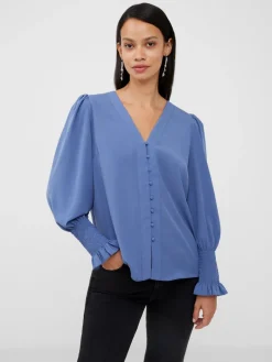 Crepe V-Neck Smocked Sleeve Blouse