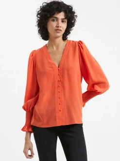 Crepe V-Neck Smocked Sleeve Blouse