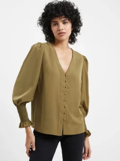 Crepe V-Neck Smocked Sleeve Blouse
