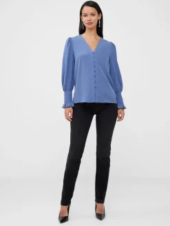 Crepe V-Neck Smocked Sleeve Blouse