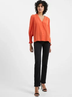 Crepe V-Neck Smocked Sleeve Blouse