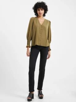 Crepe V-Neck Smocked Sleeve Blouse