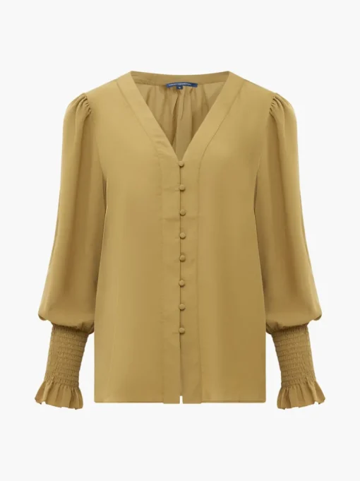 Crepe V-Neck Smocked Sleeve Blouse
