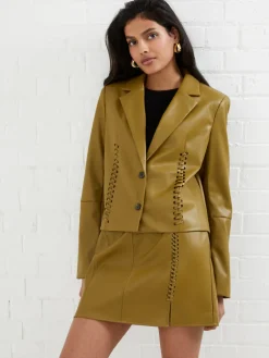 Crolenda PU Lace-Up Cropped Blazer